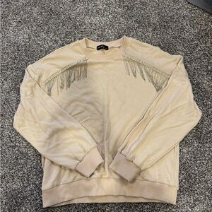 Beige Sweatshirt with Fringe Detail